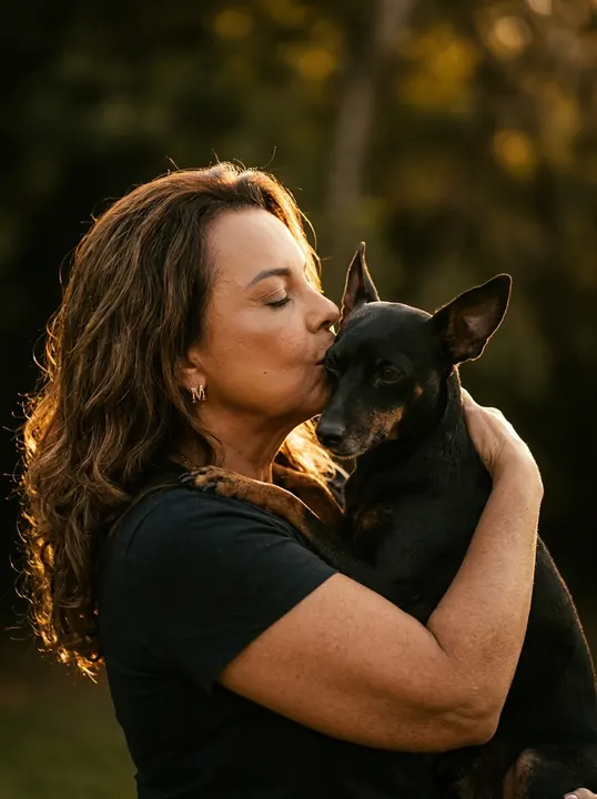 Depois: tutora beijando o pinscher, na luz dourada