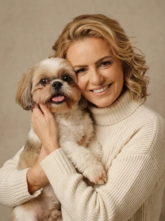 Depois: o shih-tzu abraçado junto ao rosto, em estúdio
